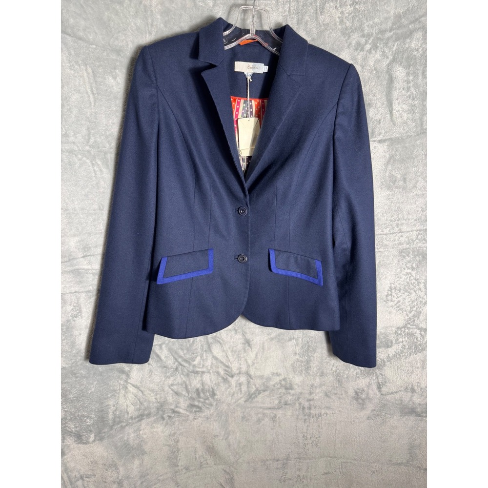 Boden Navy Wool Blend Two Button Blazer Blue Trim Polka Dot Lining womens 8 New